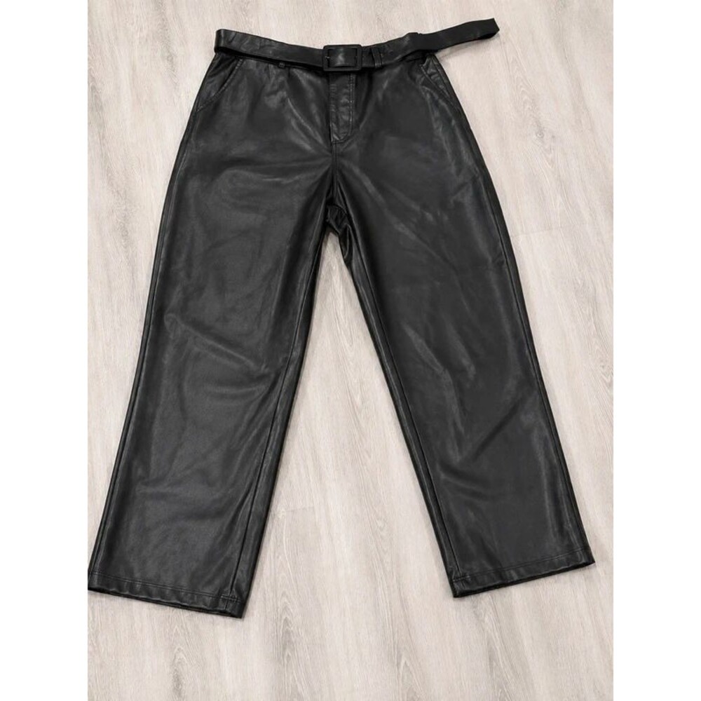 Who What Wear Women’s Black Faux Leather Belted Straight Leg Pants Size 10